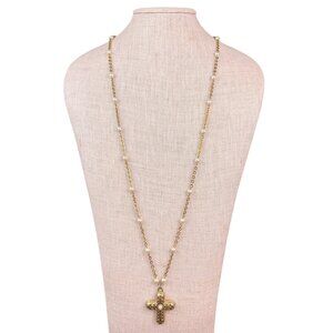 1928 Womens Gold Tone Faux Pearl Cross Pendant Necklace Vintage Jewelry